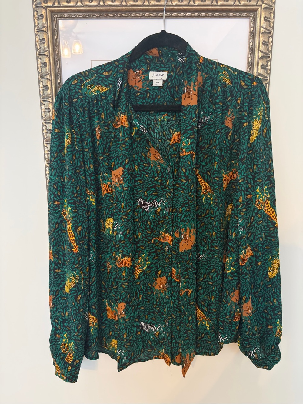 J. Crew Black Green and Orange Tropical Animal Print Top